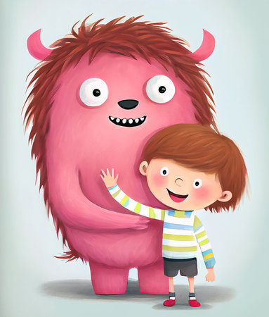 Cartoon little boy standing with his pink monster friend. Fantasy illustration for children's book. AI generated.の素材