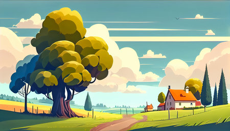 Country landscape with a small house and a tree. Cartoon illustration. AI generated.の素材