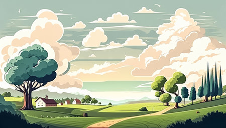 Countryside landscape with hills, trees and clouds. Cartoon illustration. AI generated.の素材
