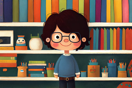 Cartoon smiling boy with glasses stands against the background of shelves with books and pencils. Children's book illustration. AI generated.の素材