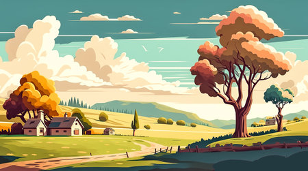 Autumn rural landscape with trees, fields, houses and clouds. Cartoon illustration. AI generated.の素材