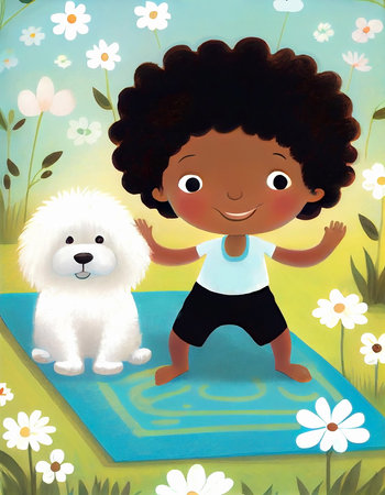 Cartoon little girl and her white maltese dog doing yoga together in nature. Fantasy illustration for children's book. AI generated.の素材
