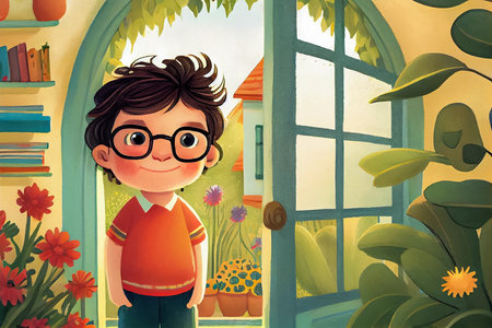 Cartoon happy boy standing at the window - illustration for children's book. AI generated.の素材
