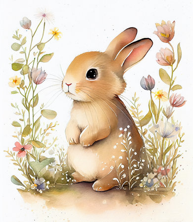 Watercolor illustration of a cute bunny sitting in the grass with flowers. AI generated.の素材