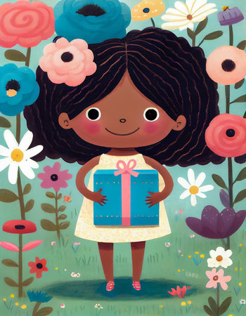 Cartoon scene with happy girl with gift box - illustration for children's book. AI generative.の素材