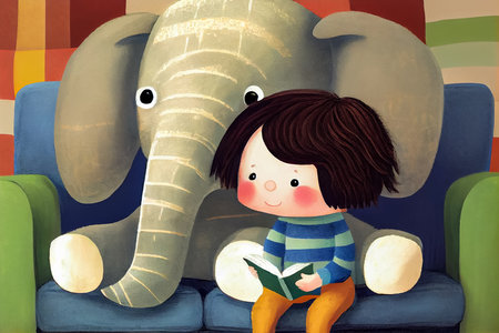 A boy reading a book sitting on the couch with a big toy elephant. Cartoon illustration for children's book. AI generative.の素材