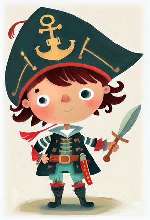 Illustration for children's book. Cartoon little pirate girl with a sword. AI generative.の素材
