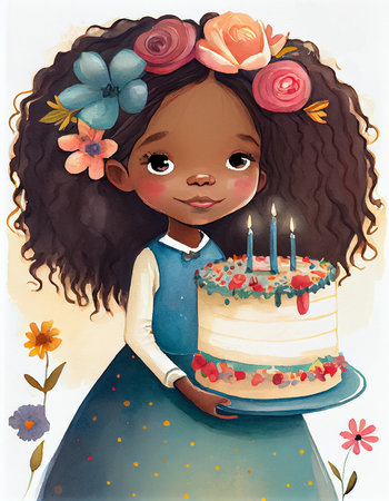 Illustration of a cute african american girl with a birthday cake. Children's book cartoon illustration. AI generative.の素材
