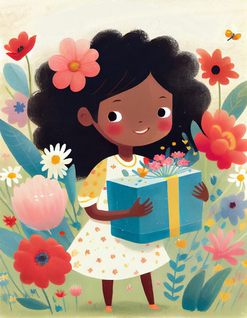 Smiling African American girl holding a gift box with flowers and leaves. Illustration for children's book. AI generative.の素材