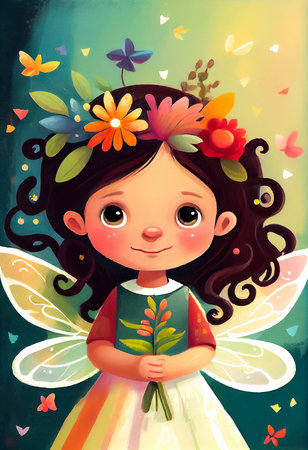 Beautiful little fairy with flowers in her hair. Cratoon illustration for children's book. AI generative.の素材