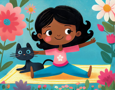 Cartoon happy girl and her cat doing yoga exercises on the carpet. Illustration for children's book. AI generative.の素材