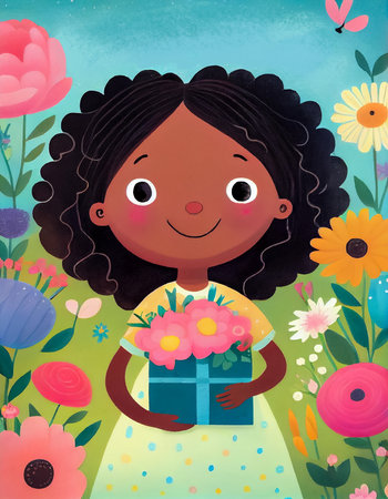 Cute cartoon little African American girl holding gift box. Illustration for children's book. AI generative.の素材