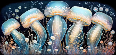 Surreal ornate glowing jellyfishes, decorative abstract pattern of a marine life. AI generatedの素材