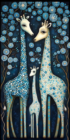 Ornate giraffes family on the whimsical background of a blue forest with blooming trees. Vertical pattern. AI generatedの素材