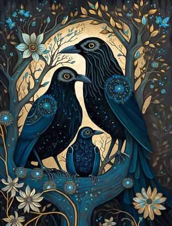 Whimsical illustration with fairytale ravens on a blooming tree. Fantasy painting. AI generatedの素材
