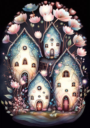 Fantasy illustration with fairy tale houses. Vertical floral background. AI generatedの素材