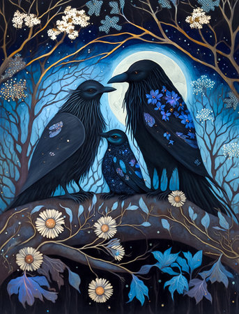 Night landscape with ornate ravens family on the tree under the moon. Fairytale illustration. AI generatedの素材