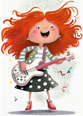 Cartoon scene with girl playing the electric guitar and singing song. Illustration for children's book, AI generatedの素材