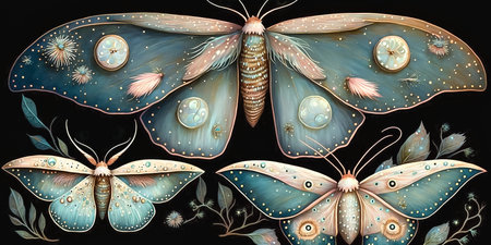 Dark ornate background with fantastic whimsical creatures like moths or night butterflies, intricate surreal pattern in neutral tones, fantasy illustration, AI generatedの素材