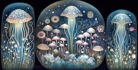 Ornate pattern with glowing jellyfish. Surreal marine life. Fantasy Illustration. AI generatedの素材
