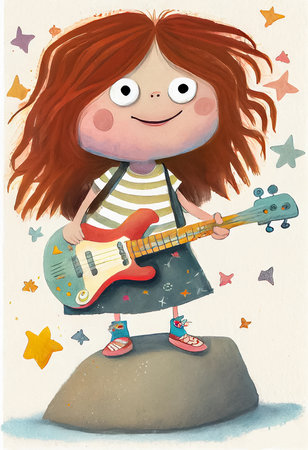 Children's book illustration of a cute little girl playing the electric guitar. AI generatedの素材