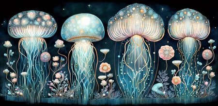 Colorful glowing jellyfish, abstract horizontal underwater pattern. Fantasy marine life. AI generatedの素材