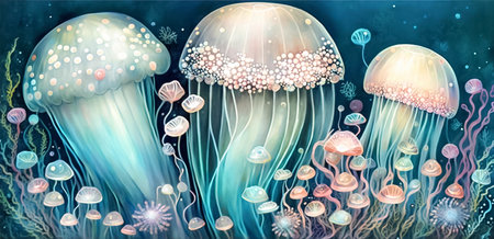 Whimsical glowing ornate jellyfish in the ocean. Underwater world life. Decorative horizontal background. AI generatedの素材