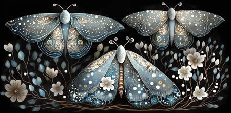 Dark ornate background with whimsical characters, intricate surreal pattern in neutral tones, fantasy illustration, AI generatedの素材