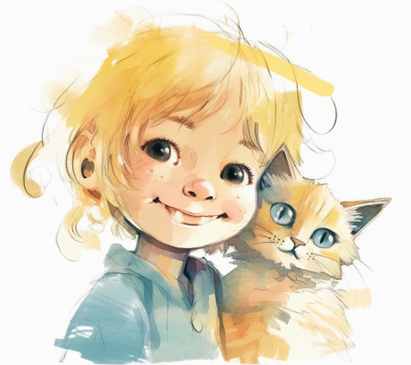 Portrait of smiling little girl with a cat. Illustration on white background. AI generatedの素材