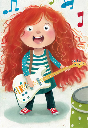 Children's book illustration of a little red haired girl playing the electric guitar and singing song, AI generatedの素材
