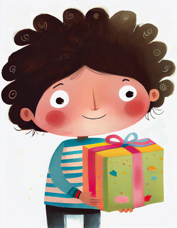Cartoon little kid holding a gift box in her hand. Isolated on white, children's book illustration, AI generatedの素材