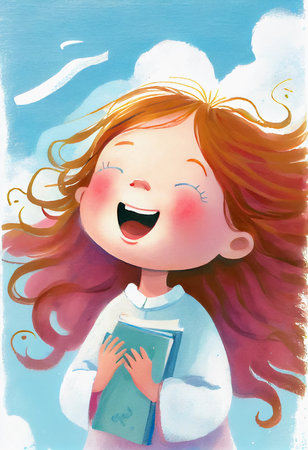 Cute little girl in a white dress with a book in her hands singing song. Cartoon illustration for children's book. AI generatedの素材