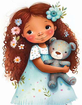 Portrait of cute little girl hugging teddy bear, white background, watercolor painting, nursery art. AI generatedの素材