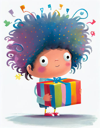 Cartoon happy kid with gift box, illustration for children's book, AI generatedの素材