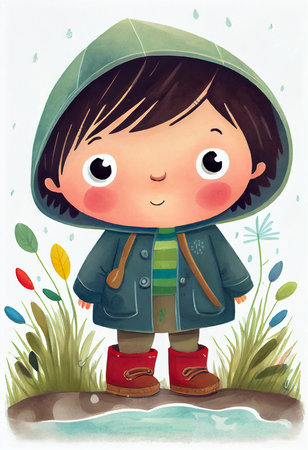 Portrait of a cute cartoon child standing in raincoat in the rain, illustration for children's book, AI generatedの素材