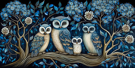 Dark ornate background with fantastic whimsical owls family, intricate surreal pattern in neutral tones, fantasy illustration, AI generatedの素材