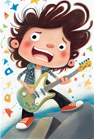 Children's book illustration, cute boy rock musician playing the electric guitar and singing song, AI generatedの素材