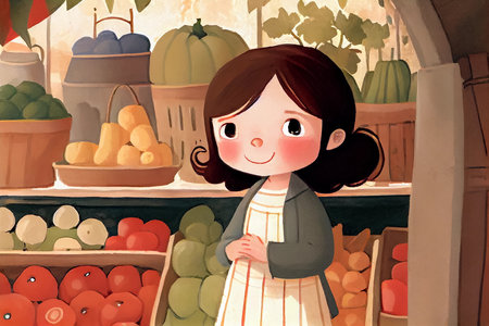 Cartoon illustration for children's book. Cute girl in a fruit store. AI generatedの素材