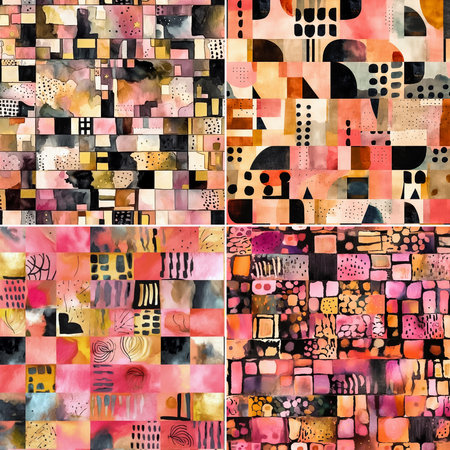 Set of abstract watercolor geometric patterns. Pink and black tones, square background, ai generativeの素材
