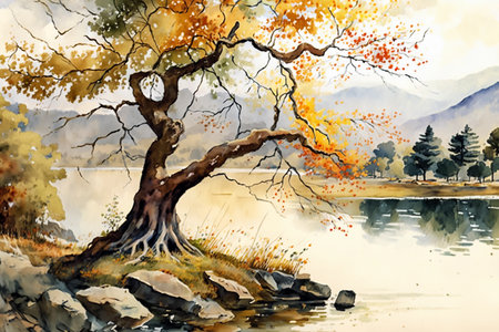 Beautiful Japanese autumn tree on the shore of the lake. Watercolor painting. AI generativeの素材