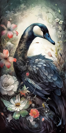 Beautiful watercolor painting of a black swan on a background of flowers, close-up vertical portrait, AI generativeの素材