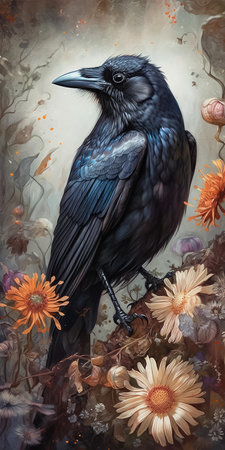 Black crow sitting on the branch of blooming tree. Digital vertical painting, close-up portrait, AI generativeの素材