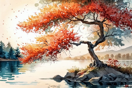 Watercolor painting of a tree on a lake shore. Autumn landscape in Japanese style, ai generativeの素材