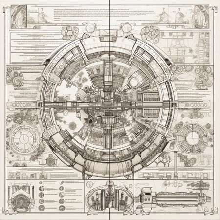 Retro blueprint of mechanism, technical drawing on old paper, abstract drafting pattern, industrial drawing, ai generativeの素材
