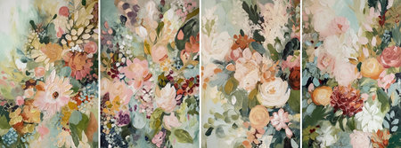 Semi abstract set of four oil painting in boho style, autumn flowers in pastel colors, impasto, AI generativeの素材