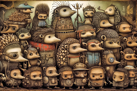 Funny pattern with cartoon big eyed ehedgehogs, whimsical animal illustration, AI generativeの素材