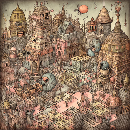 Imaginary alien city with lots of different objects, doodle pattern in neutral colors, AI generativeの素材