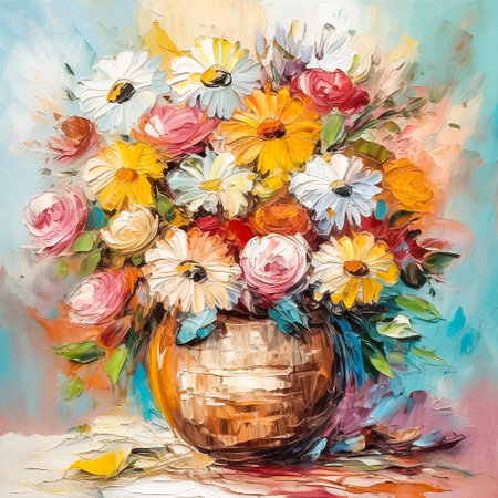 Beautiful bouquet of flowers in a vase. Oil painting, semi abstract, AI generativeの素材