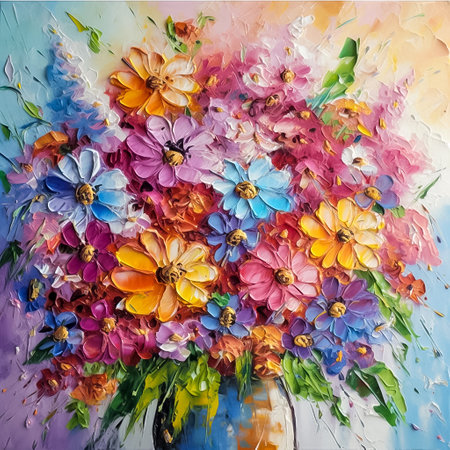 Oil painting of a bouquet of autumn garden flowers in a vase. Bright composition in boho style, AI generativeの素材