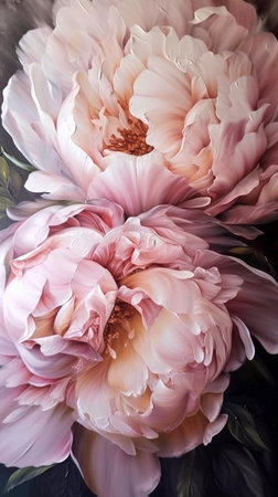 Vertical oil painting of pink peony flowers, impasto, huge close-up, AI generativeの素材